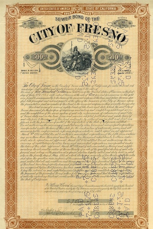 1895 City of Fresno Sewer Bond Certificate