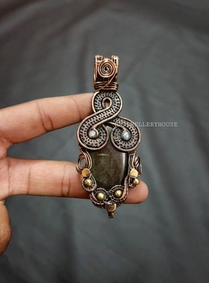 Gorgeous silver sheen obsidian Gemstone Pendant Copper Wire Wrapped Pendant