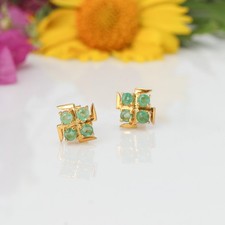 Natural Emerald Stud Earrings 925 Sterling Silver Gold Plated Handmade Green Gem