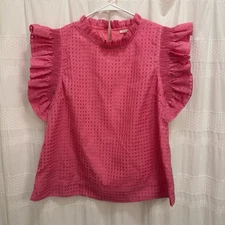 Jodifl Ruffled Sleeve Top Pink Women’s Medium Boutique Shirt Checkered