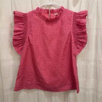 Jodifl Ruffled Sleeve Top Pink Women s Medium Boutique Shirt Checkered