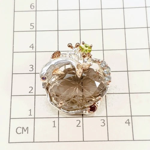 Broche de cuarzo ahumado natural hecho a mano de 25 quilates + plata de ley 925/NB29508 Foto 3 de 4