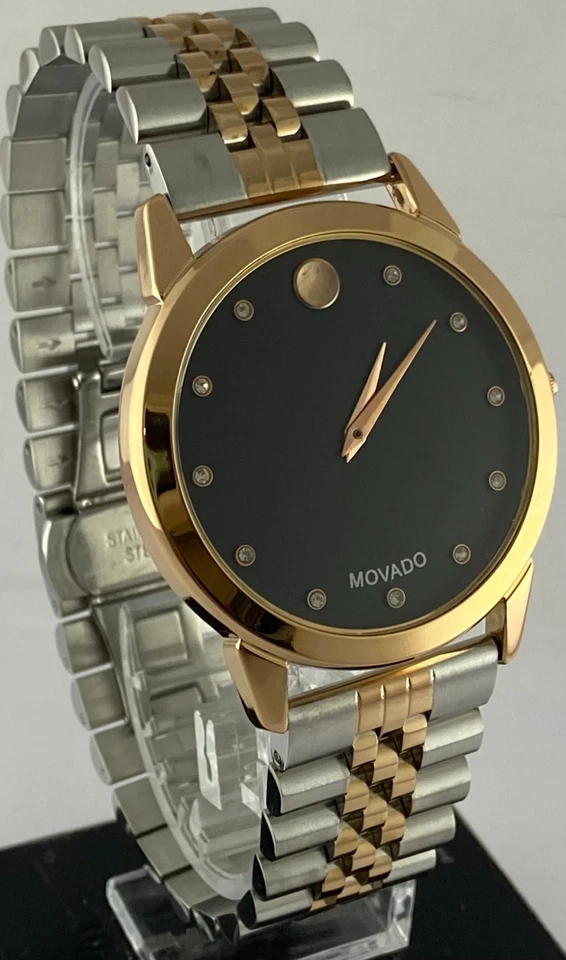 Reloj Pulsera Cuarzo Reacondicionado Aspecto Lujo Doble Tono Movado Delgado Esfera Negra Foto 2 de 4