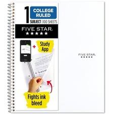 Five Star Spiral Notebook  Study App, 1 Subject, College 8-1/2" x 11", White