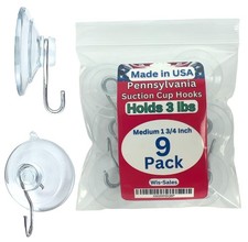 9-Pack Medium 1 3/4 inch Pennsylvania Heavy Duty Suction Cup Hooks for Glass ...