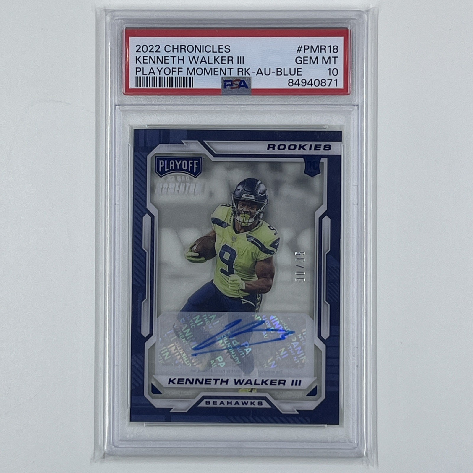 2022 Panini Chronicles - Kenneth Walker III #PMR-18 (RC, AU) /35 PSA Gem Mint 10 view 2