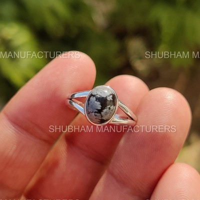 Natural Snowflake obsidian Gemstone Ring Sterling 925 Silver Oval Ring For Women