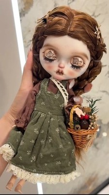 OOAK Custom Blythe Full Set Retro Brown Braided Wig Doll Floral Dress 1/6 Doll