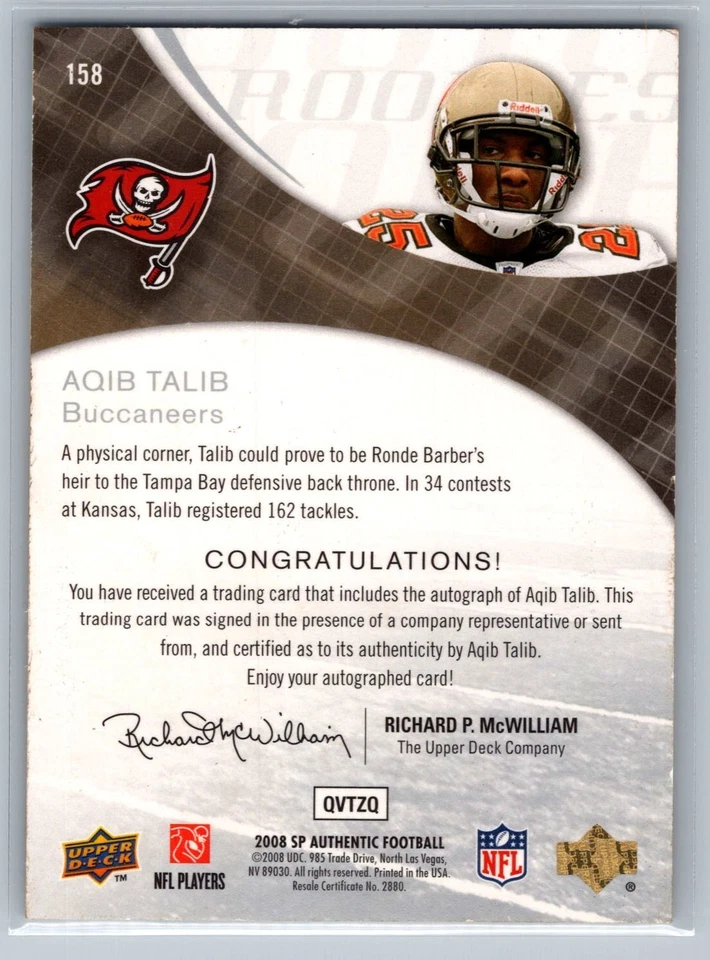 2008 SP Authentic - Rookie Signatures Aqib Talib #158 (AU, RC) - EX *TEXCARDS* - Image 2 of 2