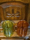 Pressed Glass Mugs Ribbed Pattern Tin Can Horizontal Bands Colored Lot of 2 — photo 4