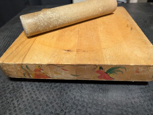Vintage Butcher Block Cutting Board Folk Art + Wooden Rolling Pin from 1940s?