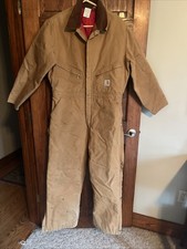 Carhartt Insulated Duck Canvas Coveralls Brown Corduroy Collar USA Sz 46 S