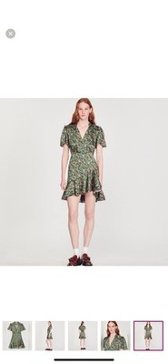 SANDRO MARTA FLORAL VERT GREEN/ORANGE MINI DRESS SIZE 38