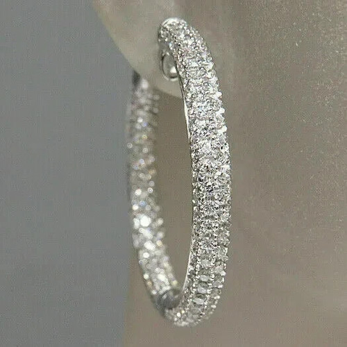3Ct Simulated Diamond Huggie Hoop Engagement Earrings 14K White Gold Plated - Picture 3 of 4