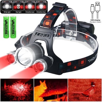USB Rechargeable LED Head Torch Headlamp Red Light Night Lamp Hog Coyote Hunting