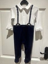 Mamas & Papas Baby Romper Suit 9-12M Navy White Sleepsuit Braces Collar Outfit
