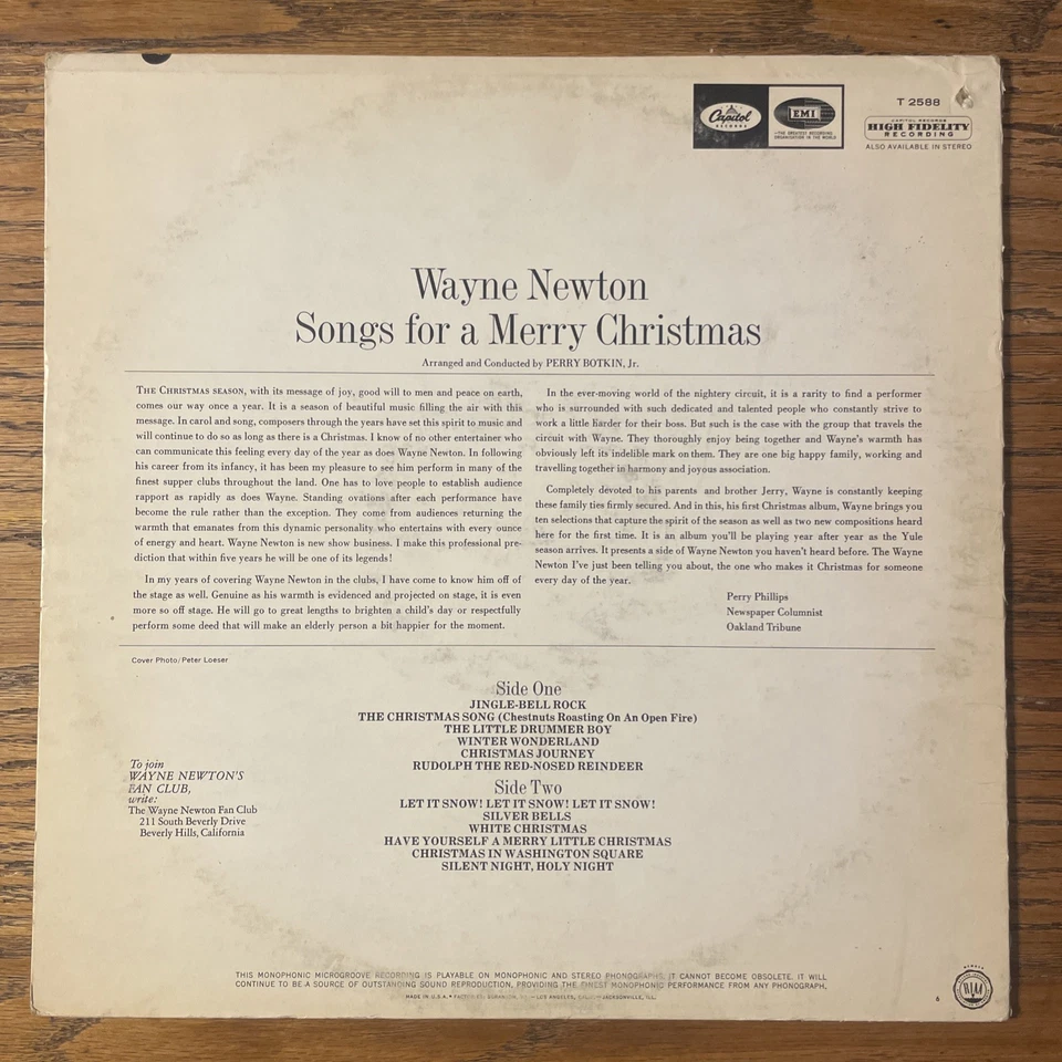 Wayne Newton / Songs For A Merry Christmas LP Capitol Mono VG - Image 4 of 4