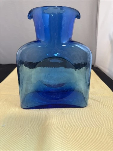 Blenko Art Glass Turquoise Blue Water Bottle 8.25”, Double Spout