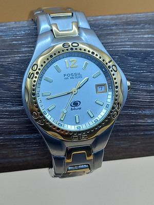 Fossil Blue Watch Womens 29mm Round Rotating Bezel Two Tone
