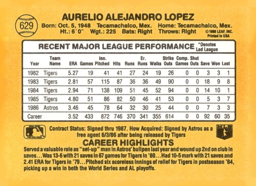 1987 Donruss #629 Aurelio Lopez - Picture 2 of 2