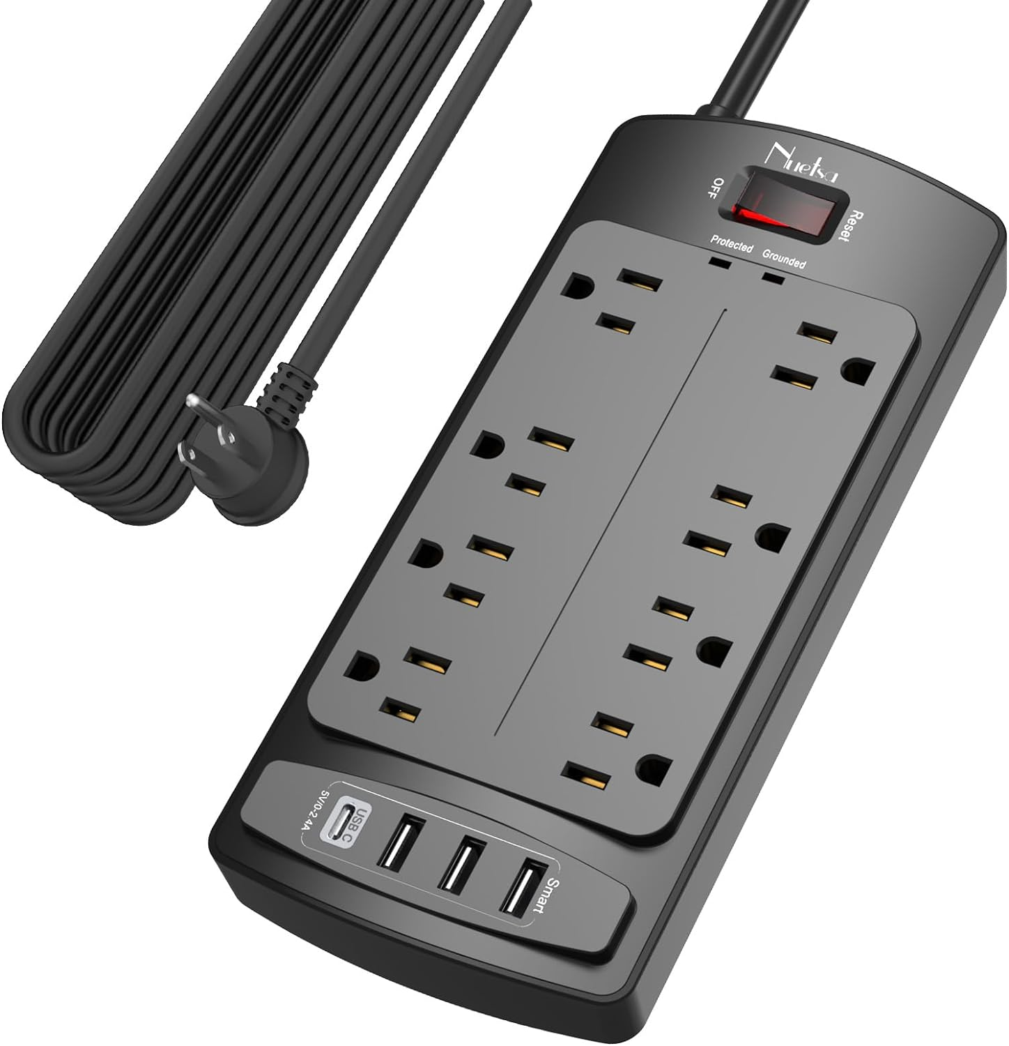 20ft Surge Protector Power Strip -8 Outlets & 4 USB Ports, Flat Plug, ETL Listed
