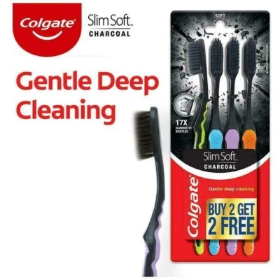 Pack de 4 brosses à dents Colgate Slim Soft Charcoal couleurs assorties neuves