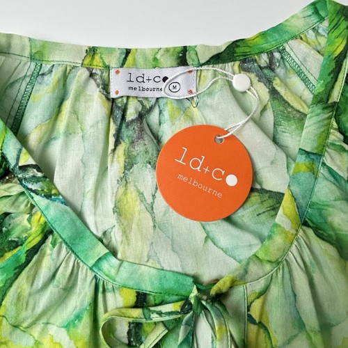 LD+CO Melbourne dress sz M 100% cotton green watercolor midi A-line arty summer. - Picture 8 of 11