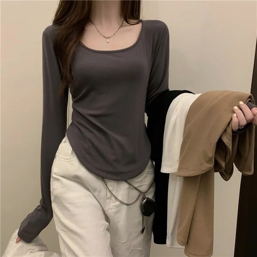 Square Neck Long Sleeve T-Shirt Women Spring Autumn New Irregular Hem Slim Casua - Picture 2 of 6