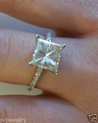 3.2ct Moissanite and Diamond Engagement Ring Square Princess Cut 14K Gold NEW 