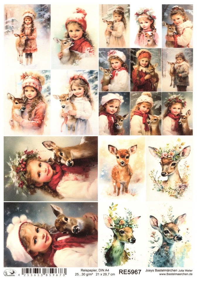 JOSYS BASTELMÄRCHEN Papel de arroz A4 seda de paja Navidad vintage ciervo ciervo niña niño RE5967