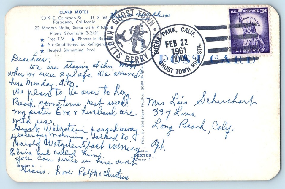 1961 Pasadena California Postcard Clark Motel & Restaurant Facades