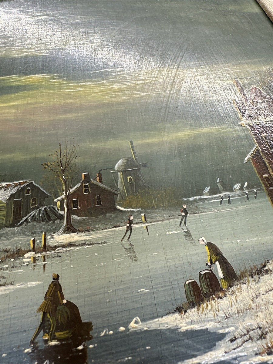 Johannes Kaiser Dutch Oil Painting On Board Ice Skaters Windmills