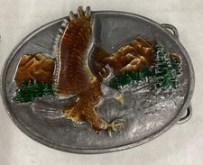 Engraved Flying Eagle Belt Buckle O-10 Color-Mountains-Trees 3.5  by 2.5  