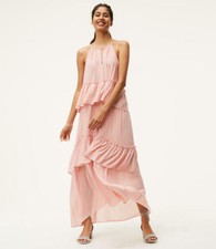 LOFT LIGHT PINK RUFFLED TIERS KEYHOLE MAXI HALTER SWING DRESS SIZE: M NWT