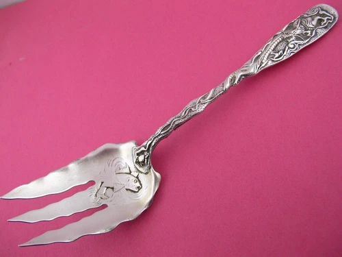 Rare Sterling GORHAM Salad Serving Fork HIZEN 1880 dragon fish crab ~ no mono