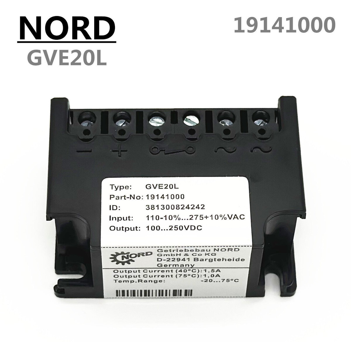 NORD Brake Rectifier GVE20L 19141000 110V-10%275V+10%VAC 100
