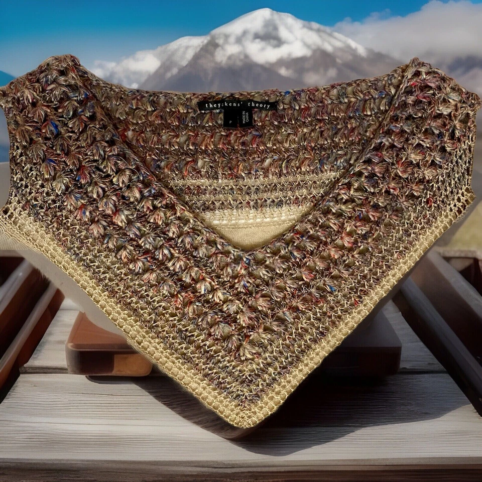 Suéter Ligeramente Usado THEORY Bronceado Lino Crochet Superior Cuello en V Aireado 100% Lino Talla P Foto 2 de 4