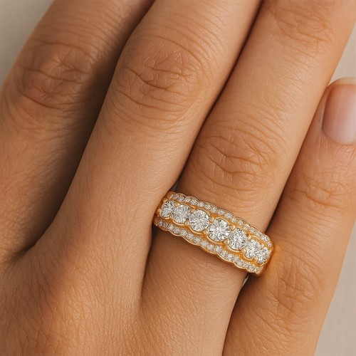 Lab Grown Diamond Double Row Solid 14K Gold April Birthstone Ring #1006 - Picture 5 of 22