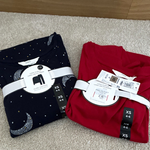 M&S Girls Cotton Jersey Pyjama Set XS Navy/Red Long Sleeve Star & Moon