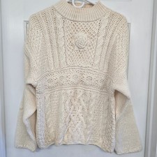 NWT Vintage Hand Knit Chunky Flower Cable Sweater L Cottage Boho Cream Grandma