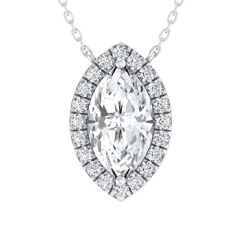 1Ct Lab Grown Diamond 14K White Gold Halo Necklace 18" Silver Chain 2.95gm