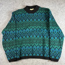 VTG 80s Mon Tricot Sweater Men Green Geometric Wool Pullover Grandpa Retro Large