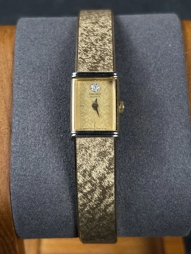 Seiko Tank Watch Women 12mm Gold Dial Gold Tone Rectangle 2E20-5409 New Battery