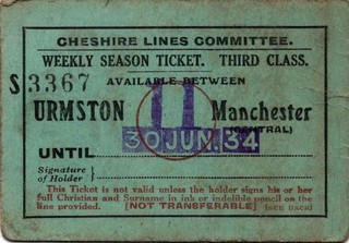 Cheshire Lines Committee Railway SEASON Ticket URMSTON 3367