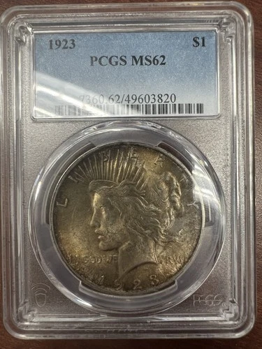 1923 P Peace Silver Dollar PCGS MS62 Great Eye Appeal NICE TONING FRONT/BACK