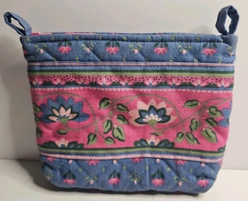 Quilt Make Up Bag 2x5.5x7" Pink Blue Zip Top - Picture 1 of 7