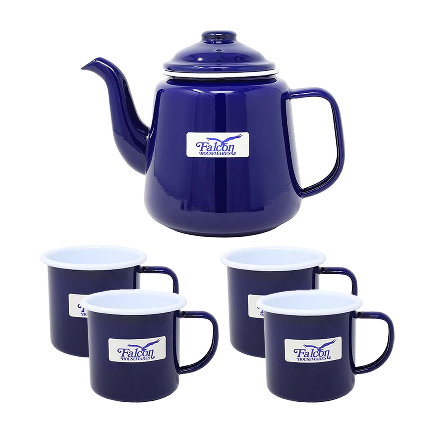 5pcs Steel Teapot Set Blue Enamel White 1.5ml Tea Pot 350ml Coffee Mug Drinkware