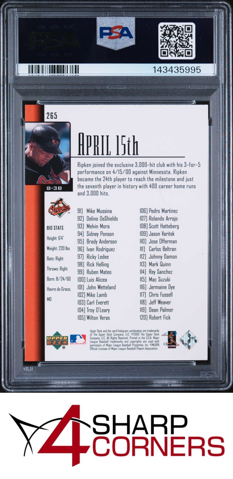 2001 UPPER DECK #265 CAL RIPKEN JR. ORIOLES HOF PSA 10 view 2