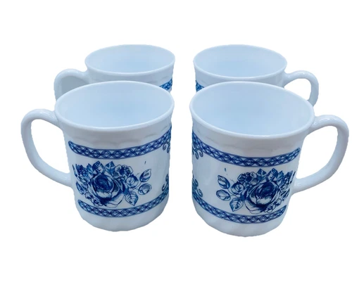 Vintage Arcopal Honorine Coffee Mugs Cups Blue & White Milk Glass France Set 4
