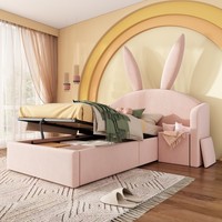 Bunny Ears Kids Girls Single Bed Frame with Hydraulic Storage, Nightstand, Pink